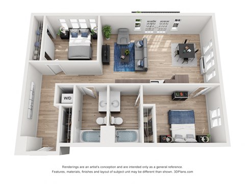 Floor plan for 2 beds, 2 baths, 1025 sqft